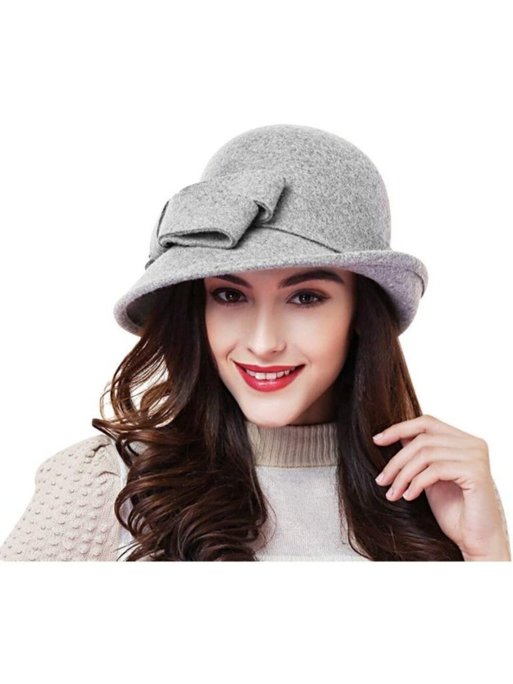Cozy Wool Cloche Bucket Hat for Women - Solid Color with Bow Accent, Winter